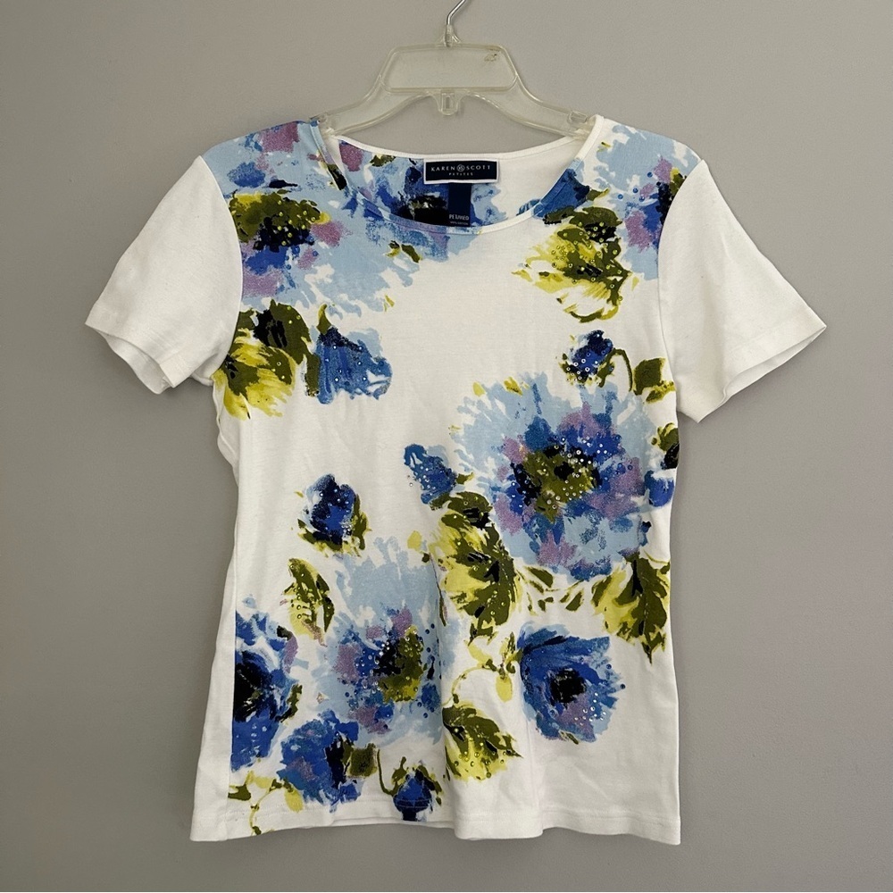 Karen Scott Petite Womens short sleeve painted beaded shirt